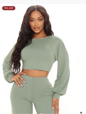 Fashion Nova Sage Green Ribbed Cropped Long Sleeve Top